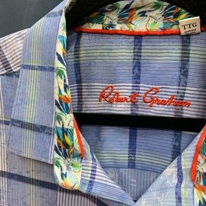 ROBERT GRAHAM men’s cotton 2XL long sleeve shirt in blue with green stripe EUC